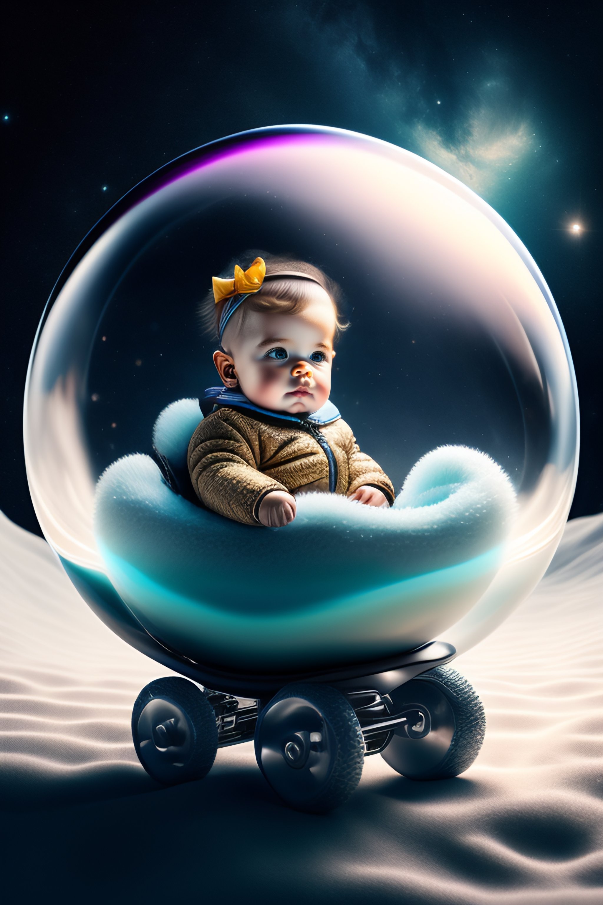 A beautiful baby girl sits in a stroller in a bubb - 4ecad7c8-f377-4cd7-8b93-1bdfa49f5a4a.jpg