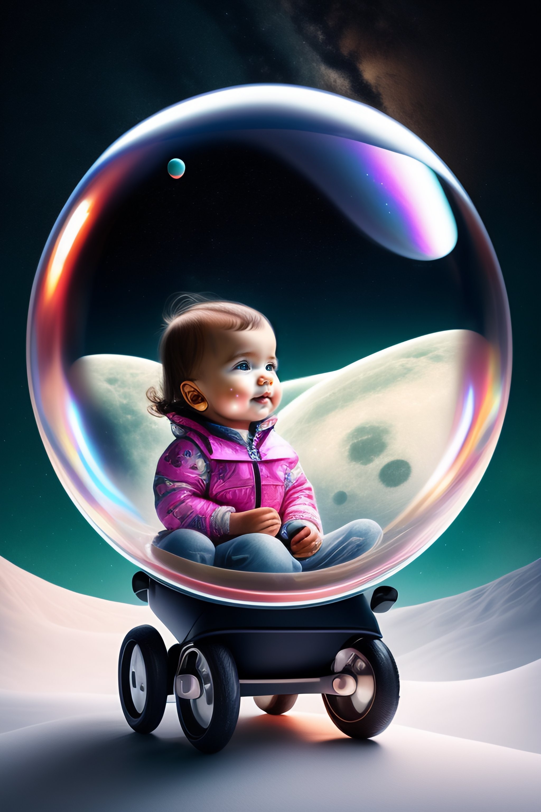 A beautiful baby girl sits in a stroller in a bubb - f9e4e09b-13c8-4a4a-9aa0-bd569f9aaae6.jpg