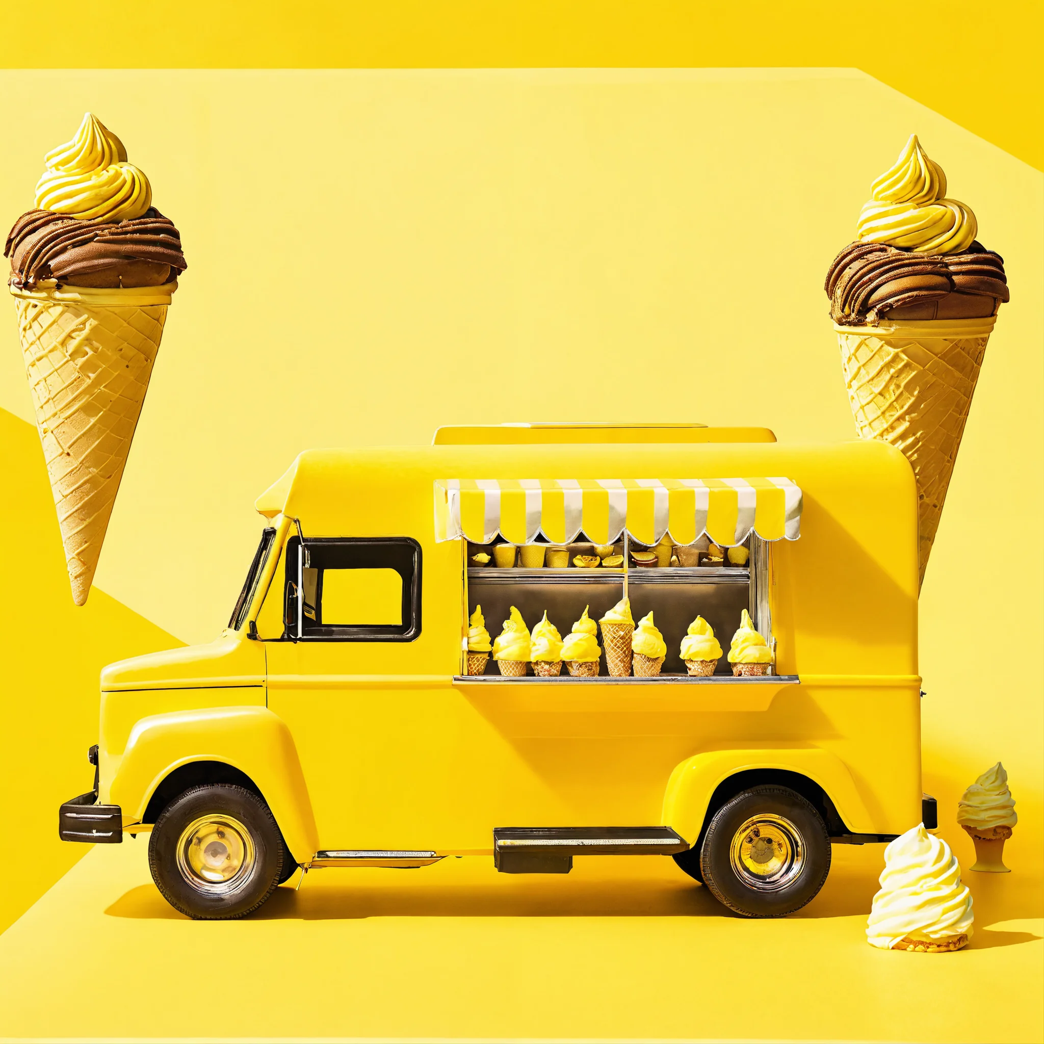 A vibrant yellow ice cream truck is parked against.png