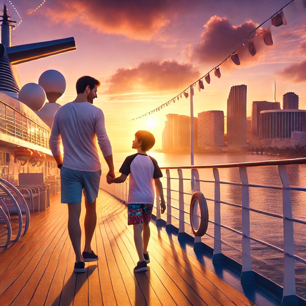 DALL·E 2024-09-22 23.12.55 - A serene scene of a father and son on a cruise ship in Miami, enj...jpg