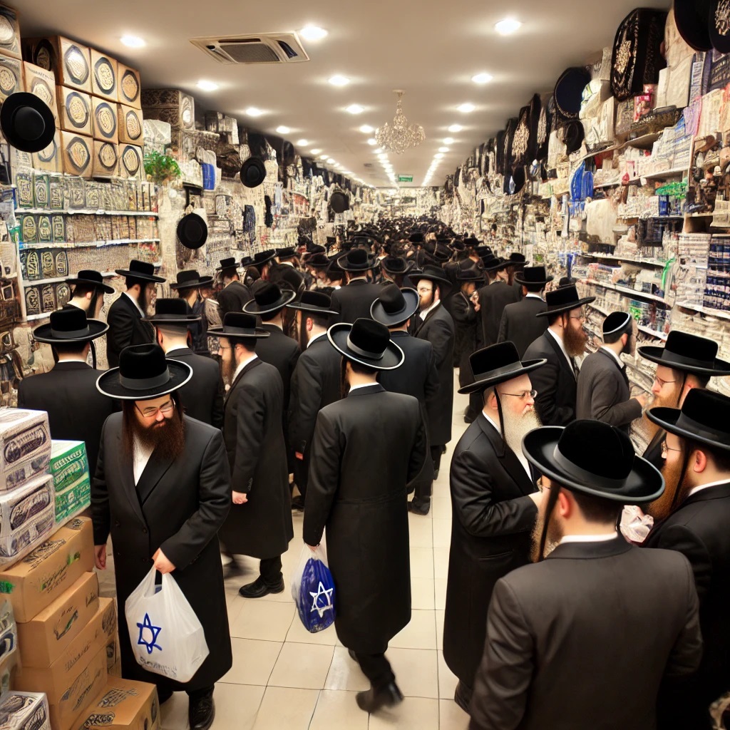 DALL·E 2024-09-23 19.54.55 - A crowded store before the holidays, filled with Haredi Jewish sh...jpg