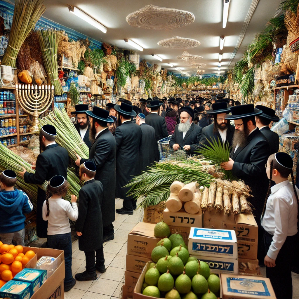 DALL·E 2024-09-23 20.03.07 - A busy store before the holiday of Sukkot, filled with Haredi Jew...png