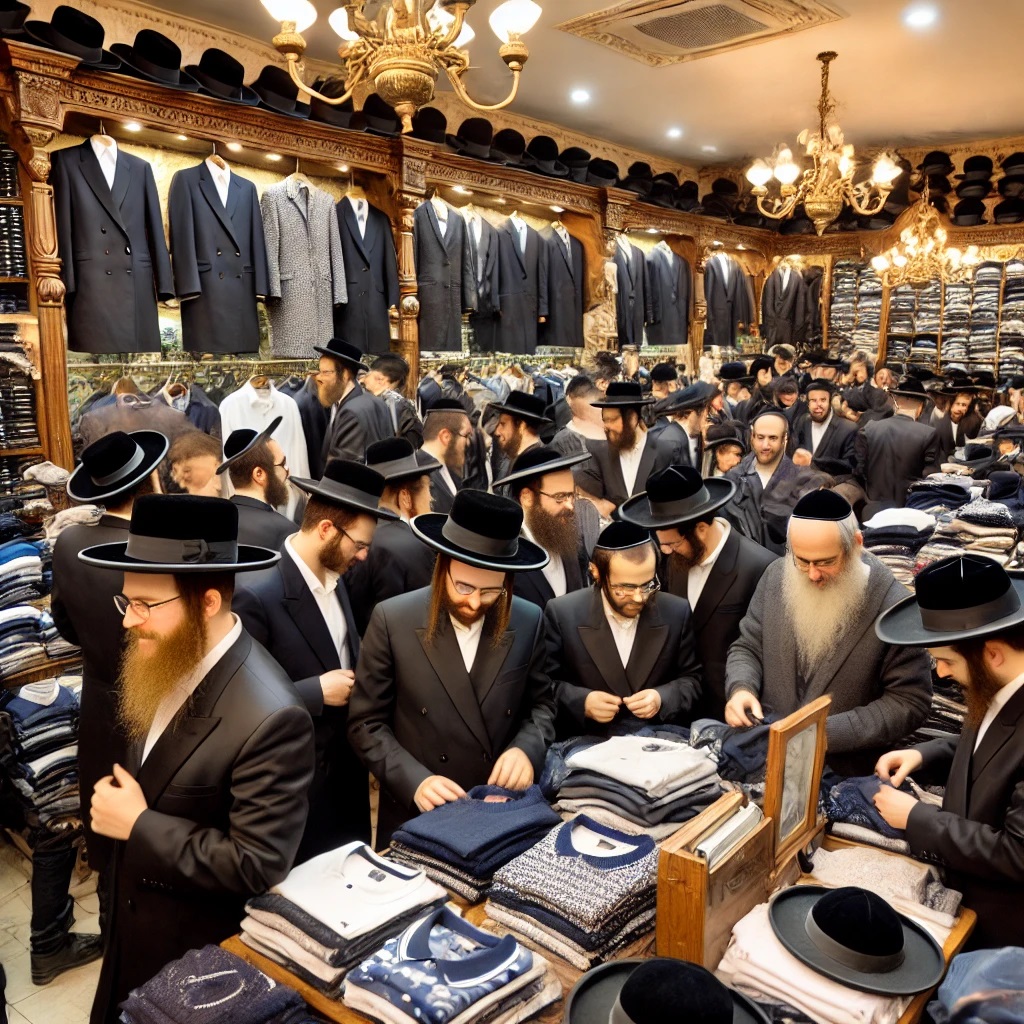 DALL·E 2024-09-23 20.11.18 - A lively and authentic image of a Haredi clothing store crowded w...jpg