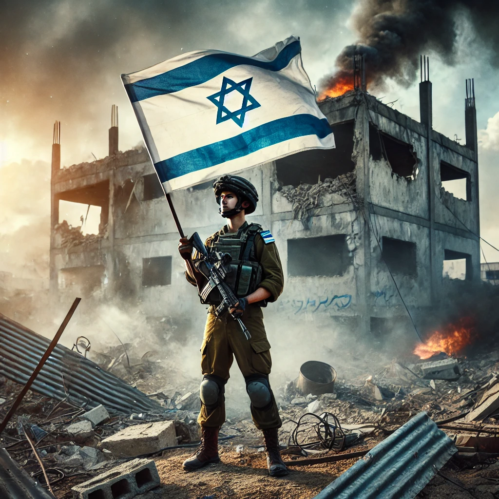 DALL·E 2024-10-22 15.59.44 - An Israeli soldier wearing IDF uniform, holding an Israeli flag r...png