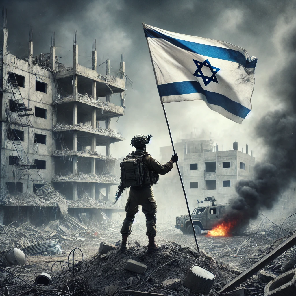 DALL·E 2024-10-22 16.05.58 - A realistic and detailed image of an IDF soldier raising the Isra...png