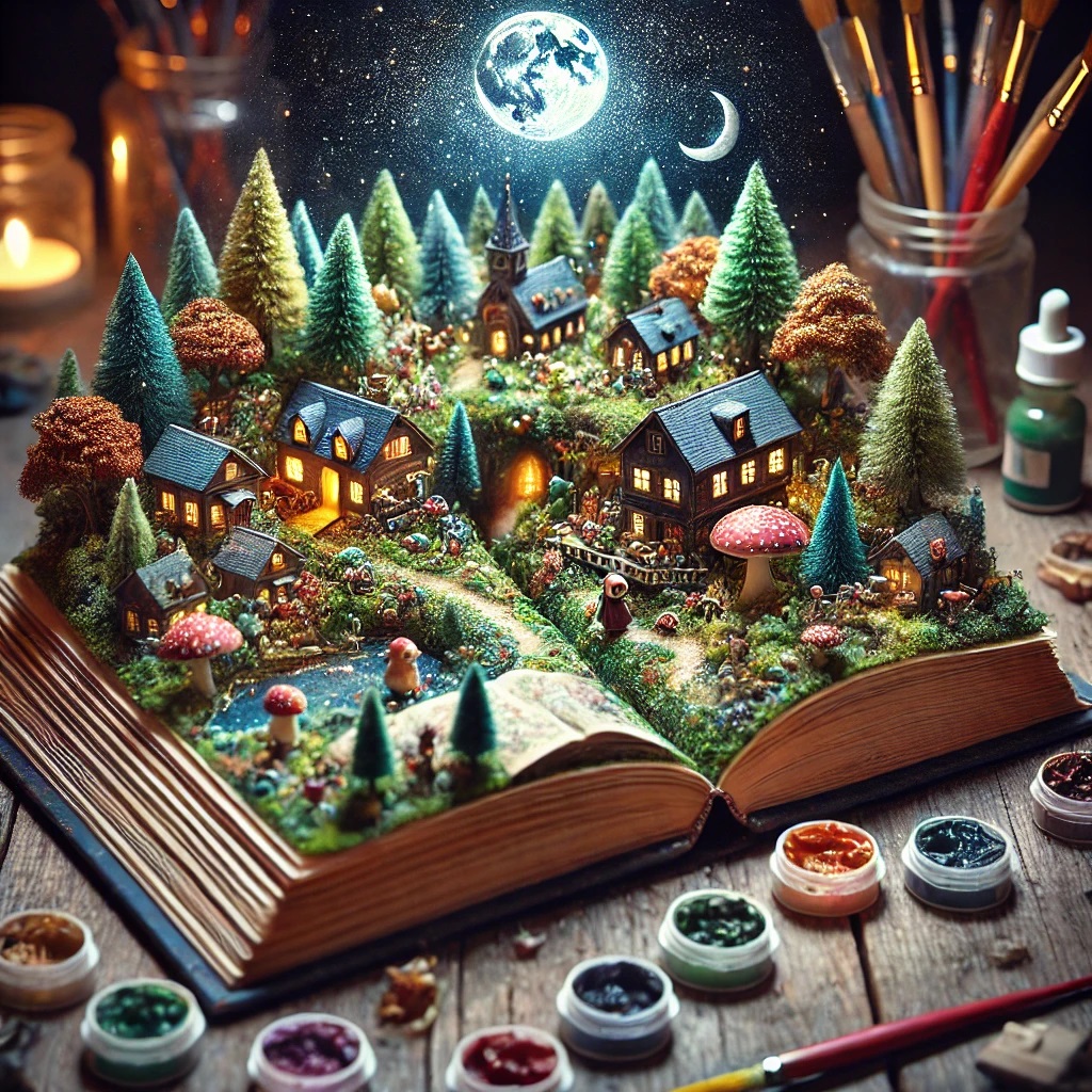 DALL·E 2024-11-03 00.07.01 - A whimsical miniature world contained within an open book. The sc...jpg