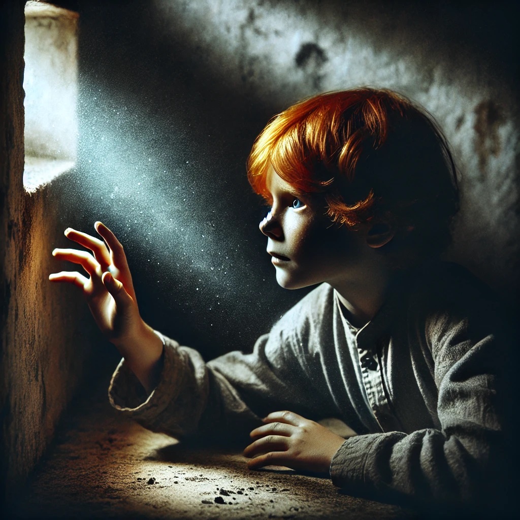 DALL·E 2024-11-07 11.30.45 - A powerful image of a young, ginger-haired child in captivity, re...jpg