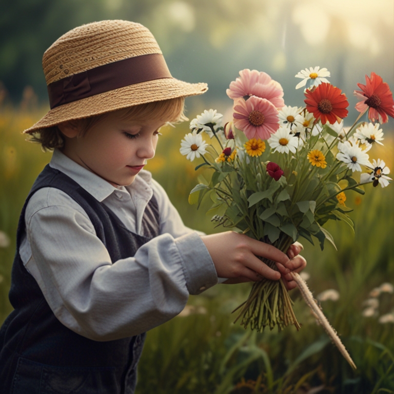 Default_A_boy_with_a_hat_on_his_head_picks_flowers_and_gathers_2.jpg