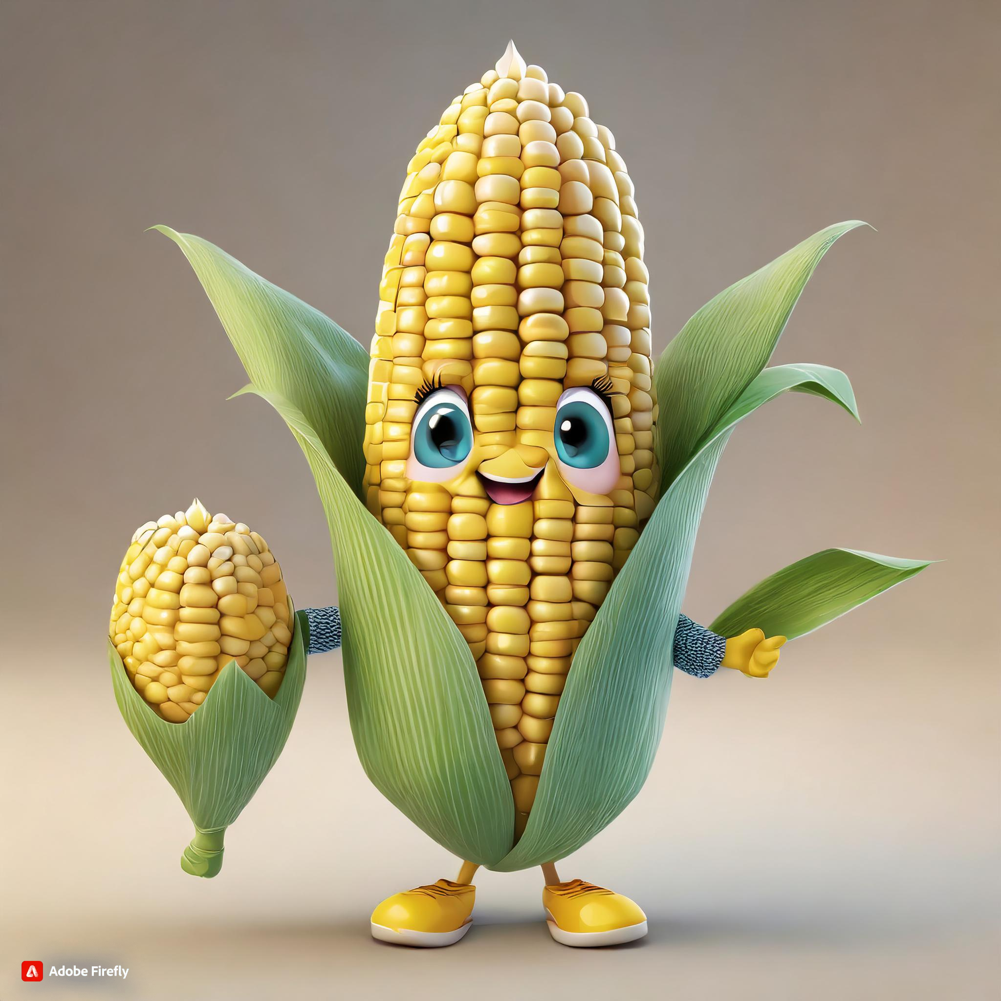 Firefly a 3d image of a young corn, personified, holding in his hand a single kernel of corn, ...jpg