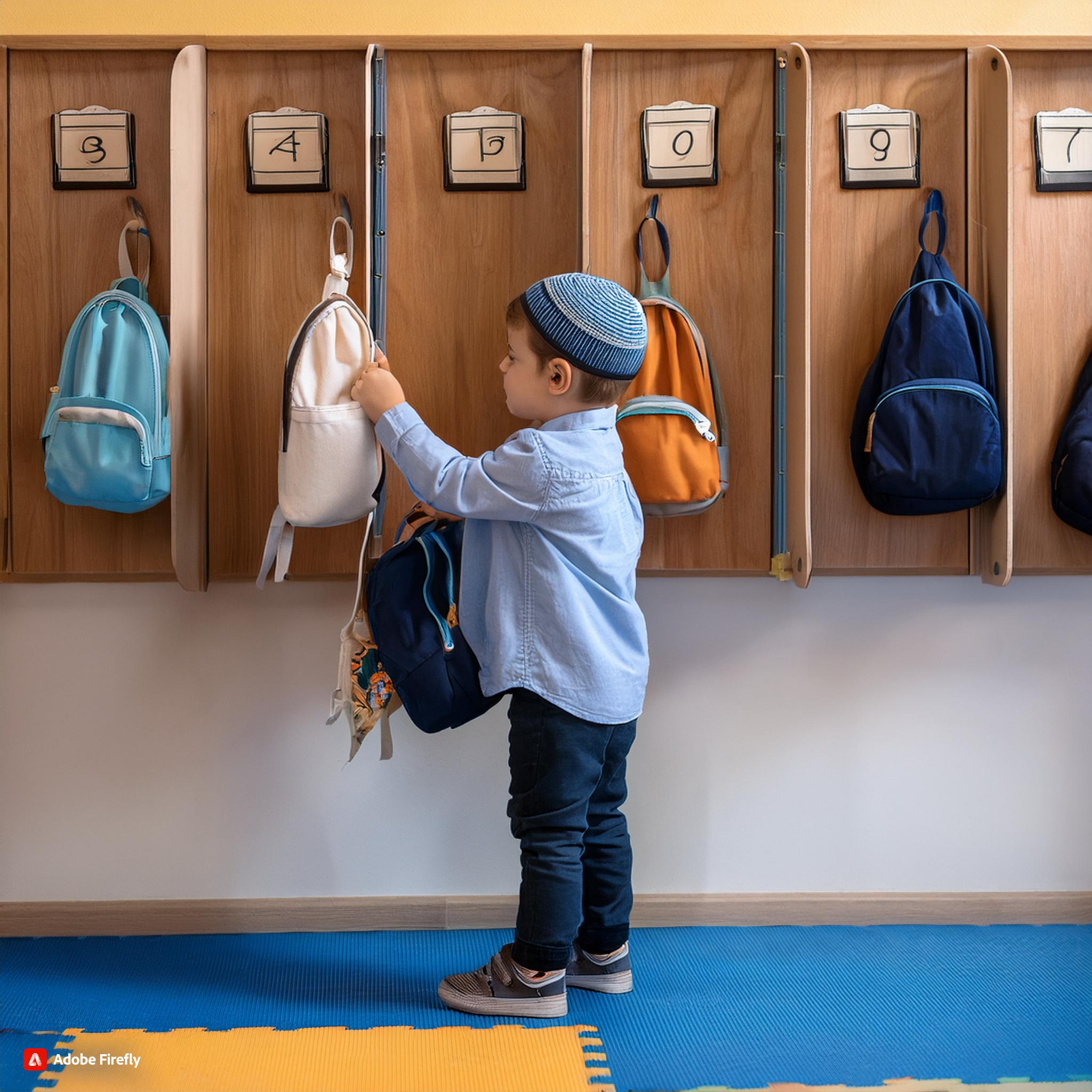 Firefly A 4-year-old boy with a yarmulke on his head takes his lunch bag from the permanent ha...jpg