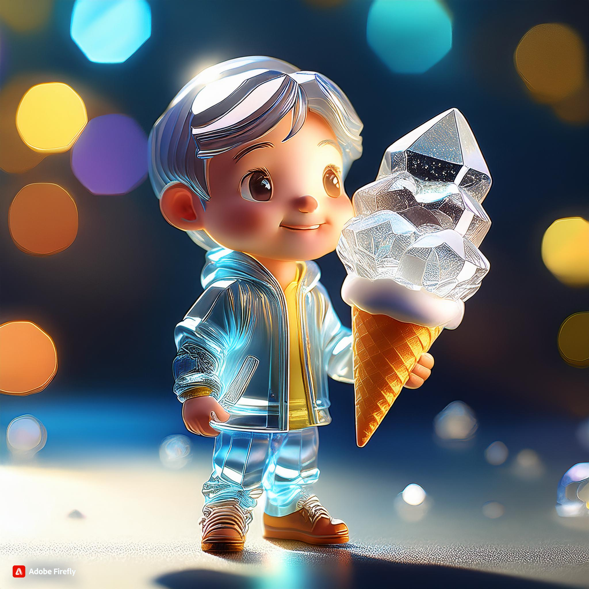 Firefly A miniature made of transparent and sparkling crystal, a boy licking a huge ice cream ...jpg