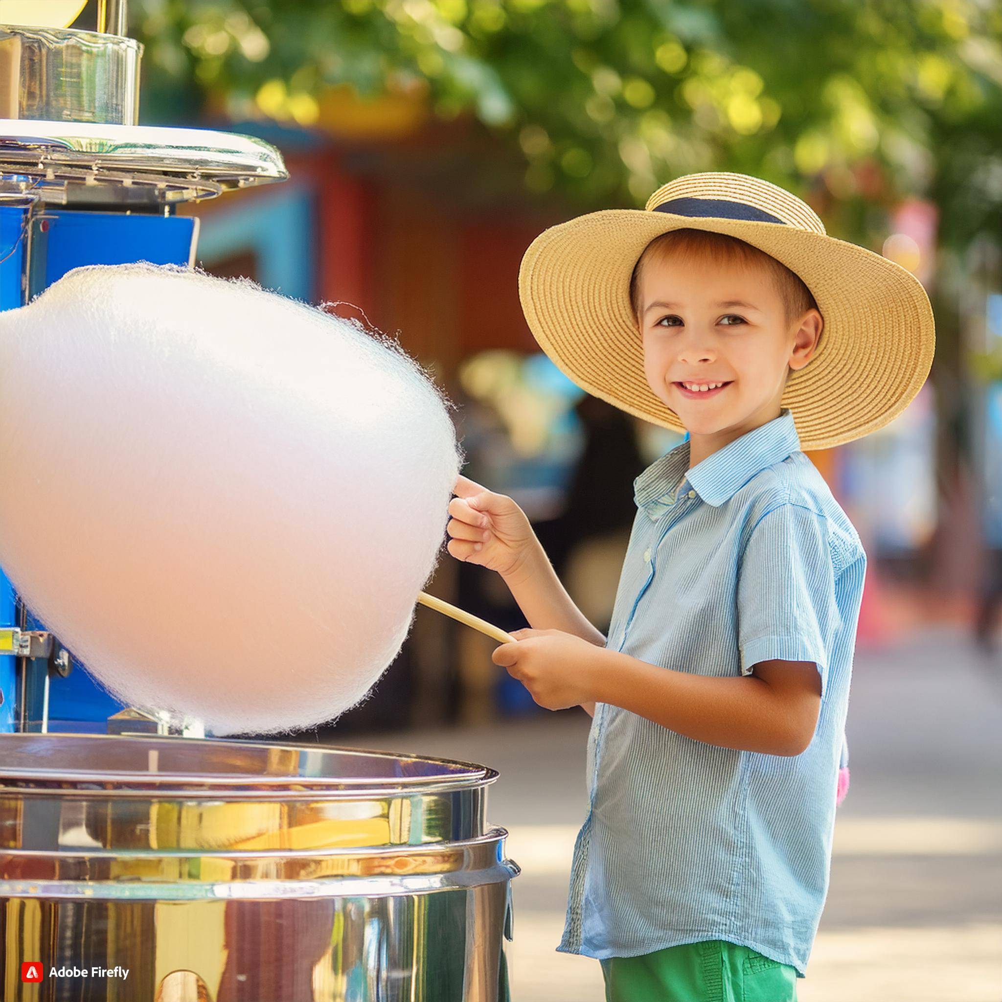 Firefly A real picture of a sweet boy with a wide-brimmed sun hat making cotton candy, the boy...jpg