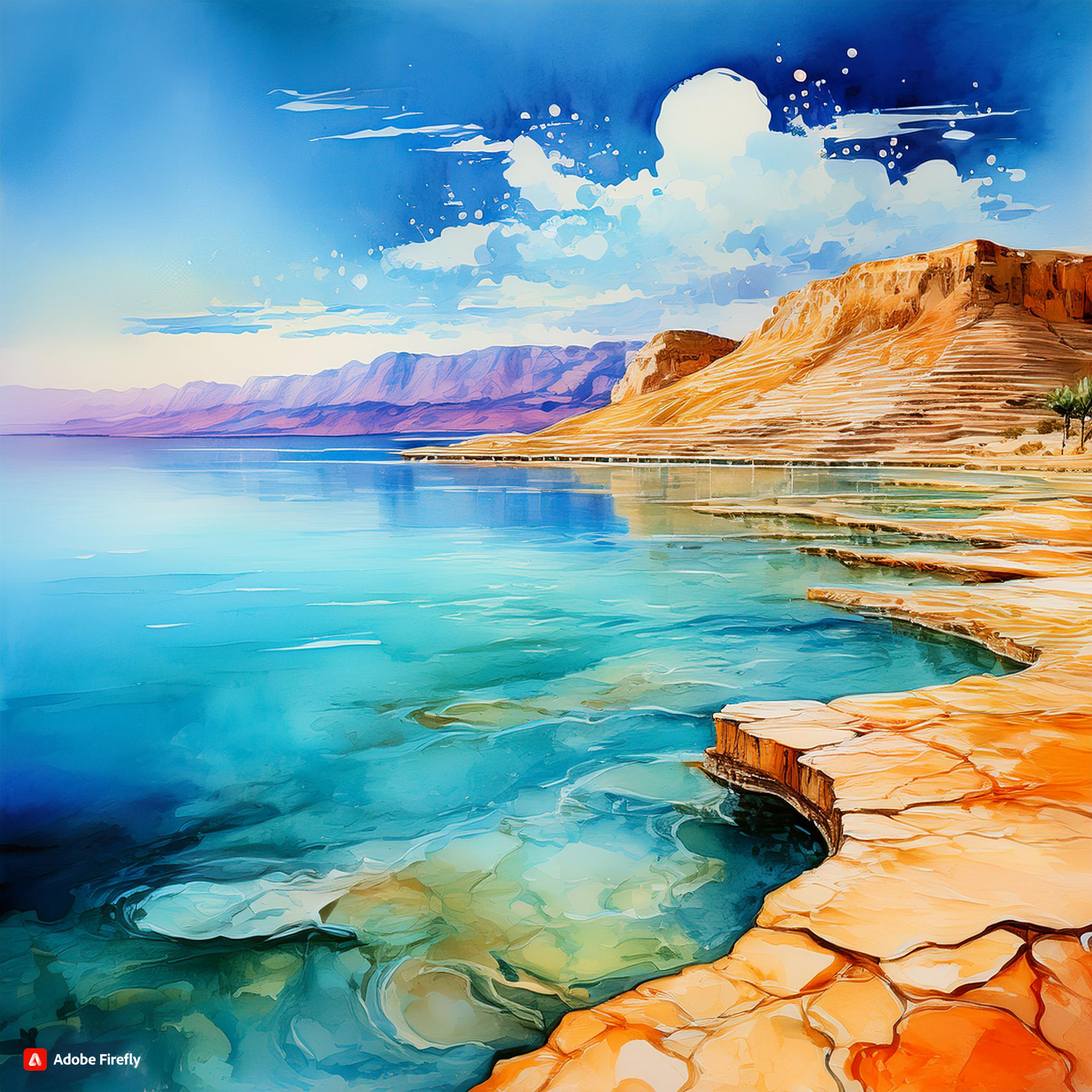 Firefly A vibrant watercolor painting of the Dead Sea in Israel from a unique angle, in an ama...jpg