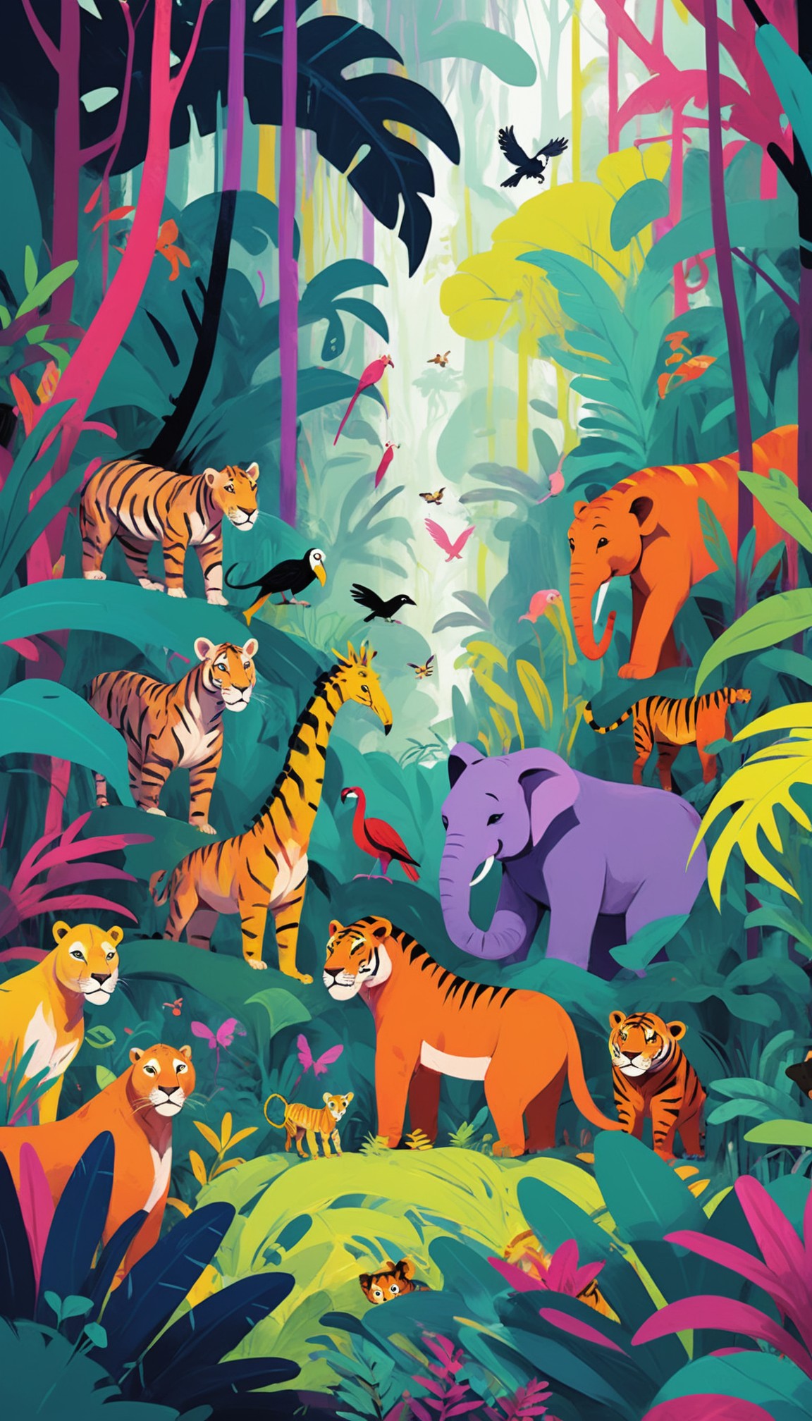 pikaso_texttoimage_digital-painting-A-colorful-jungle-with-lots-of-an.jpeg