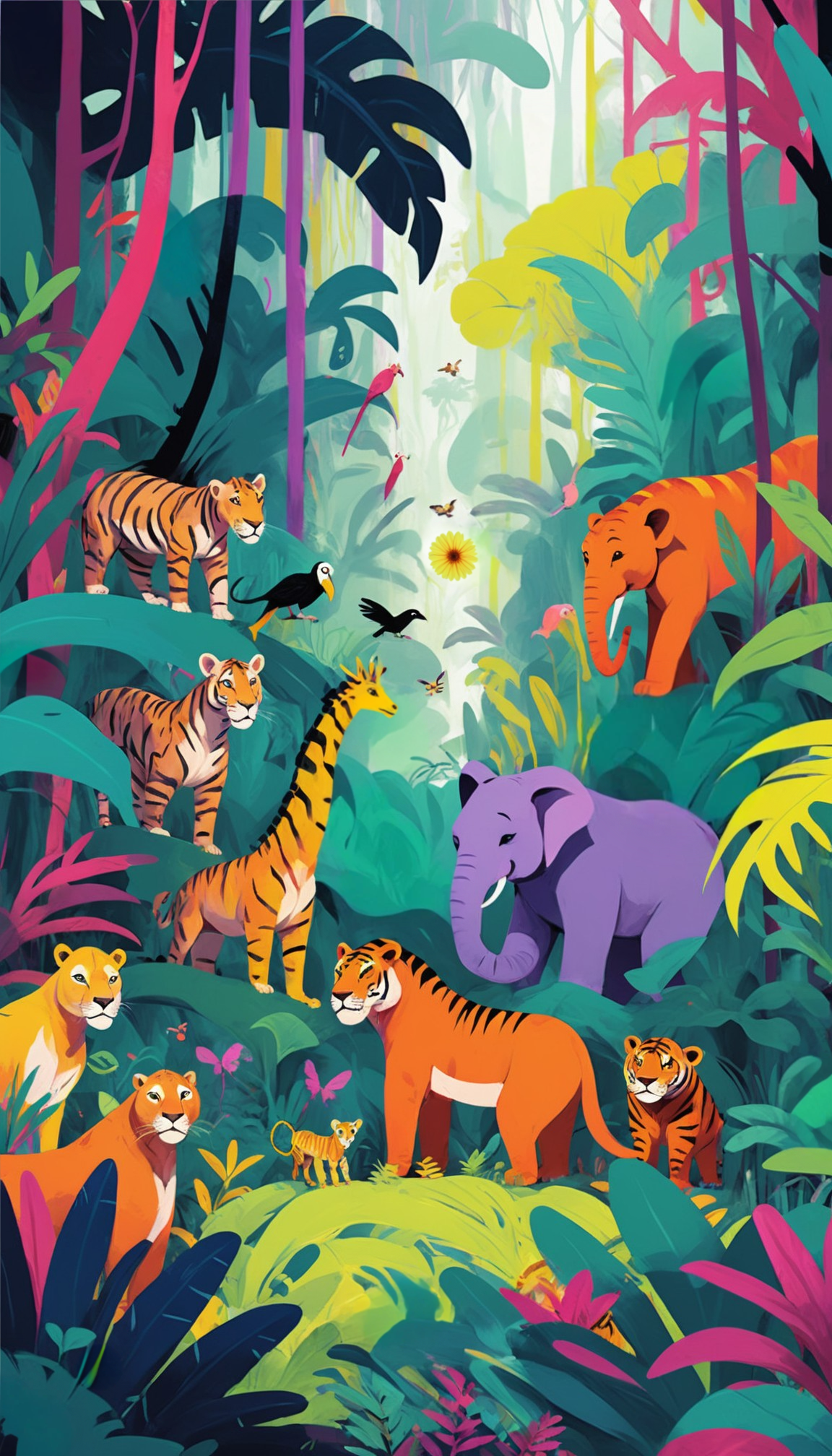 pikaso_texttoimage_digital-painting-A-colorful-jungle-with-lots-of-an.png