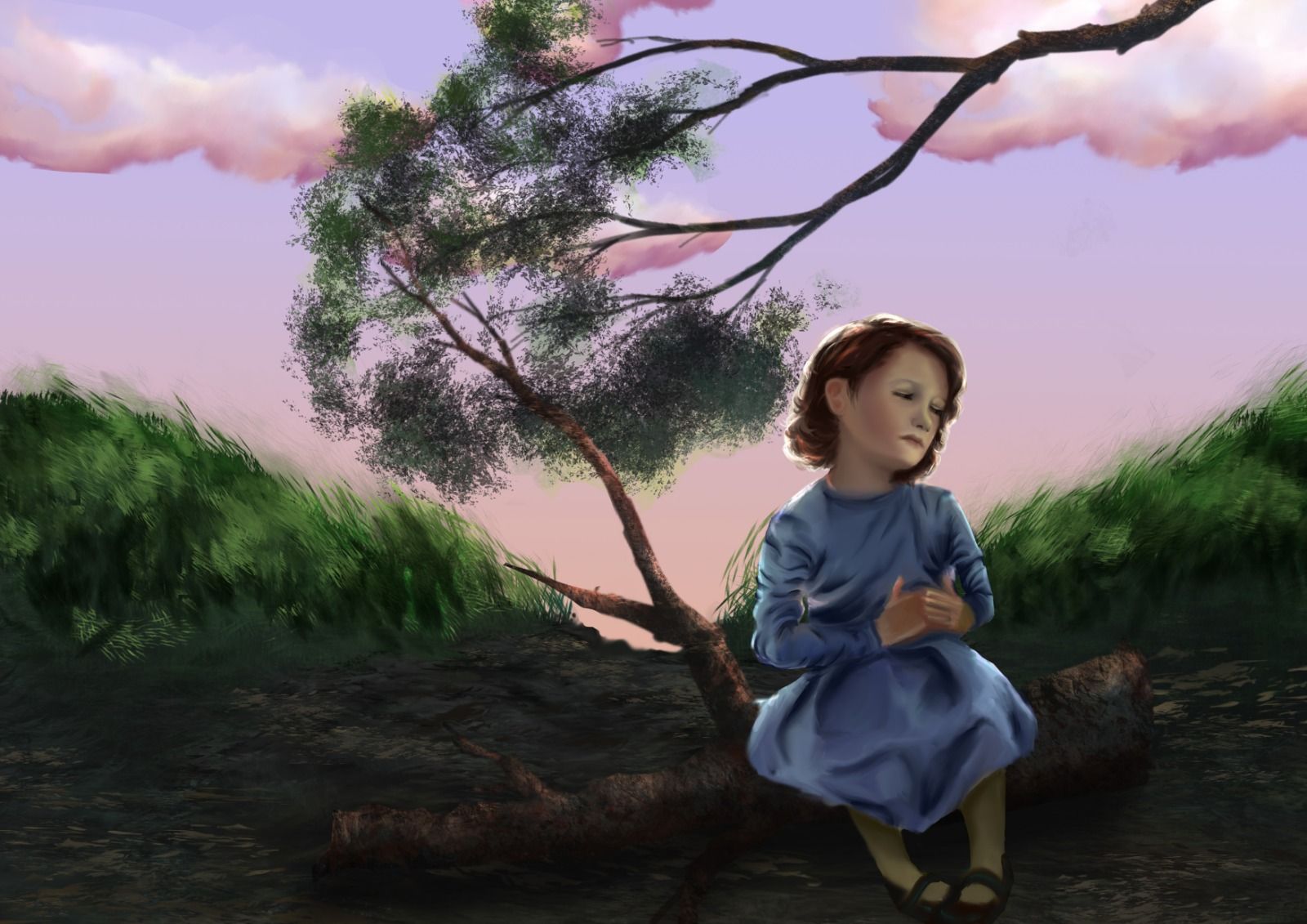 ילדה יושבת על בול עץ