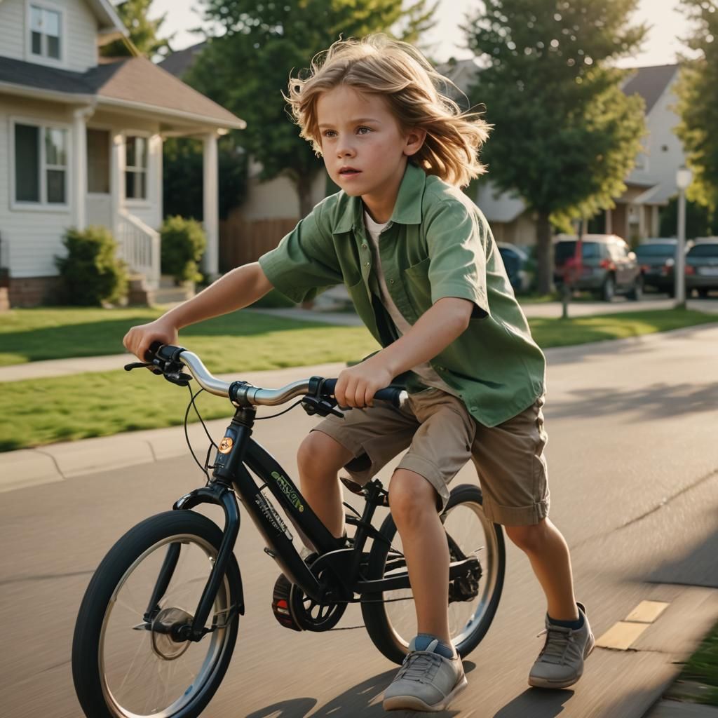 A cute child with green eyes and light brown hair, wearing a shirt and shorts, is riding a high-tech bicycle at high spe...