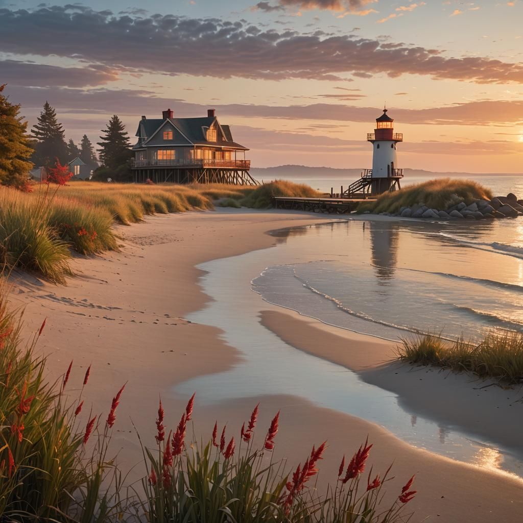 Serene coastal landscape photography. Long shot. A peaceful beach with red reeds and a distant pier and bird watch tower...