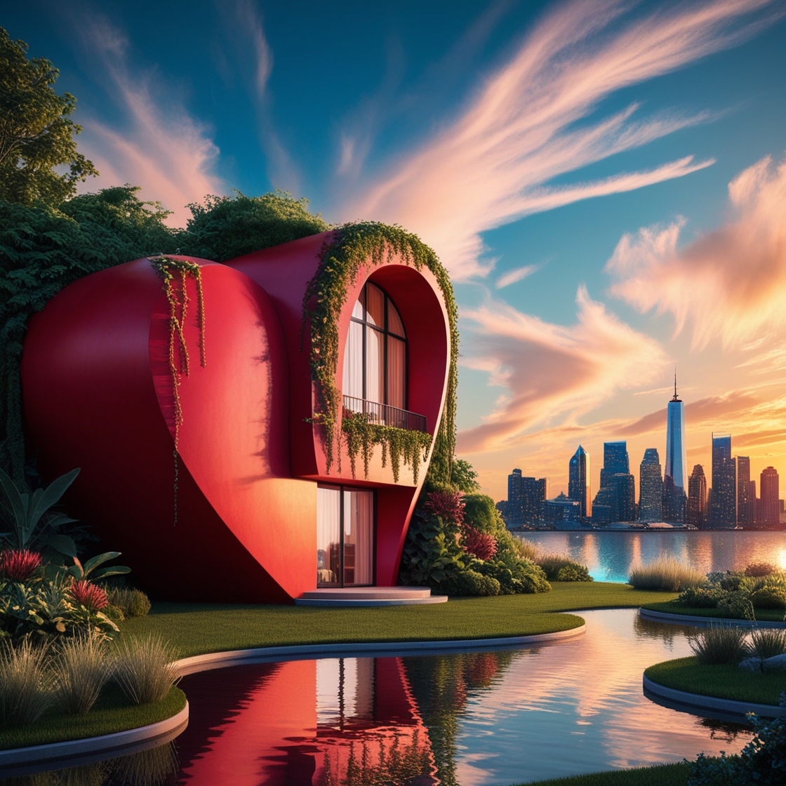 A vibrant, crimson-red, heart-shaped residence, crafted with sleek, modern architecture, nestled amidst lush, emerald-green foliage, with delicate vines crawling up its facade, stands proudly beside a tranquil, glistening pond, reflecting the warm, golden hues of a setting sun, as the distant, cosmopolitan cityscape twinkles, a marvel of steel and glass, with wispy, dreamy clouds drifting lazily across a brilliant, cerulean sky, evoking a sense of whimsy and wonder, where love and serenity entwine.