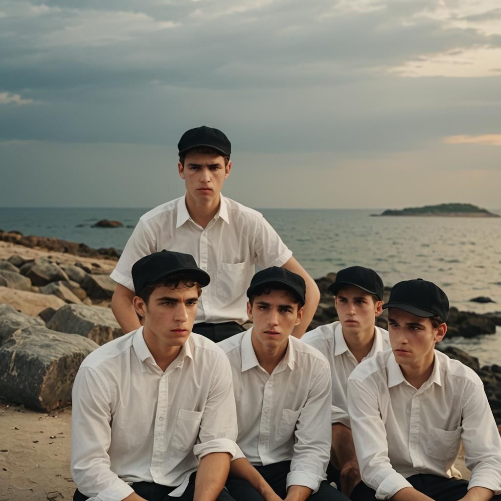 Draw me a picture of yeshiva boys with white shirts and black caps sitting in front of the sea and getting angry because...