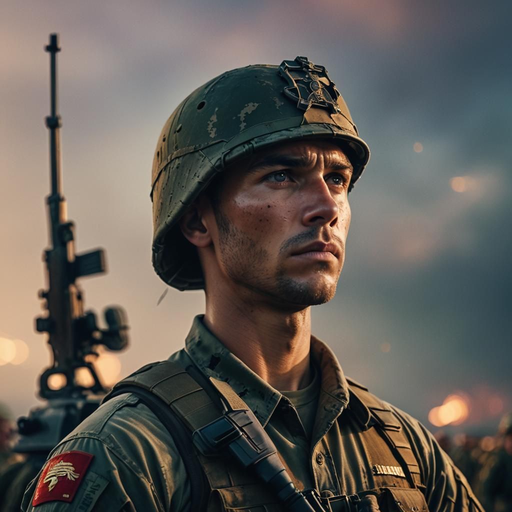 A proud and determined Marine, fully armed, stands and looks to the horizon with a vision full of vision. He is handsome and handsome, and p...