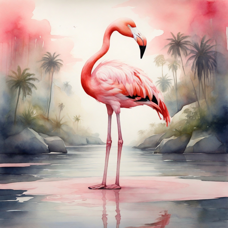 Unknown prompt Make me a picture of one pink flamingo standing on one leg in watercolor