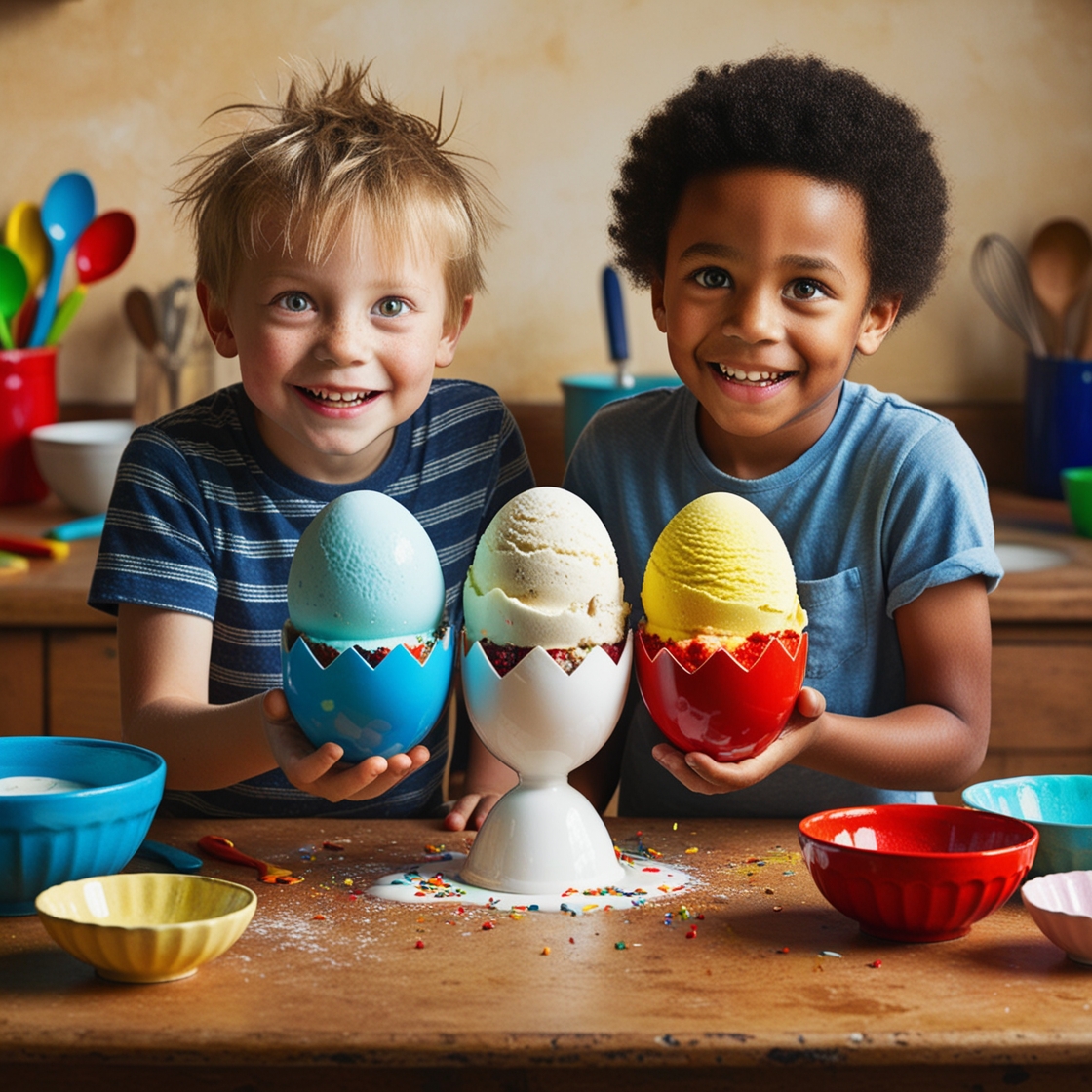 Two little boys with bright, curious eyes and toothy grins, one with a messy blond mop of hair and the other with a curly brown afro, stand at a worn, wooden kitchen counter, surrounded by colorful utensils and bowls, eagerly holding their collaborative masterpiece, an inventive ice cream creation, where the cup is cleverly constructed from a single triangle of a white egg mold, and the ice cream itself is formed from three upside-down, vibrantly colored eggshells, in shades of sky blue, sunshine yellow, and fiery red, each shell uniquely textured and detailed, as if carefully painted, with a few sprinkles of colorful toppings scattered around the base, against a warm, creamy background that evokes a sense of playful creativity and summertime joy.