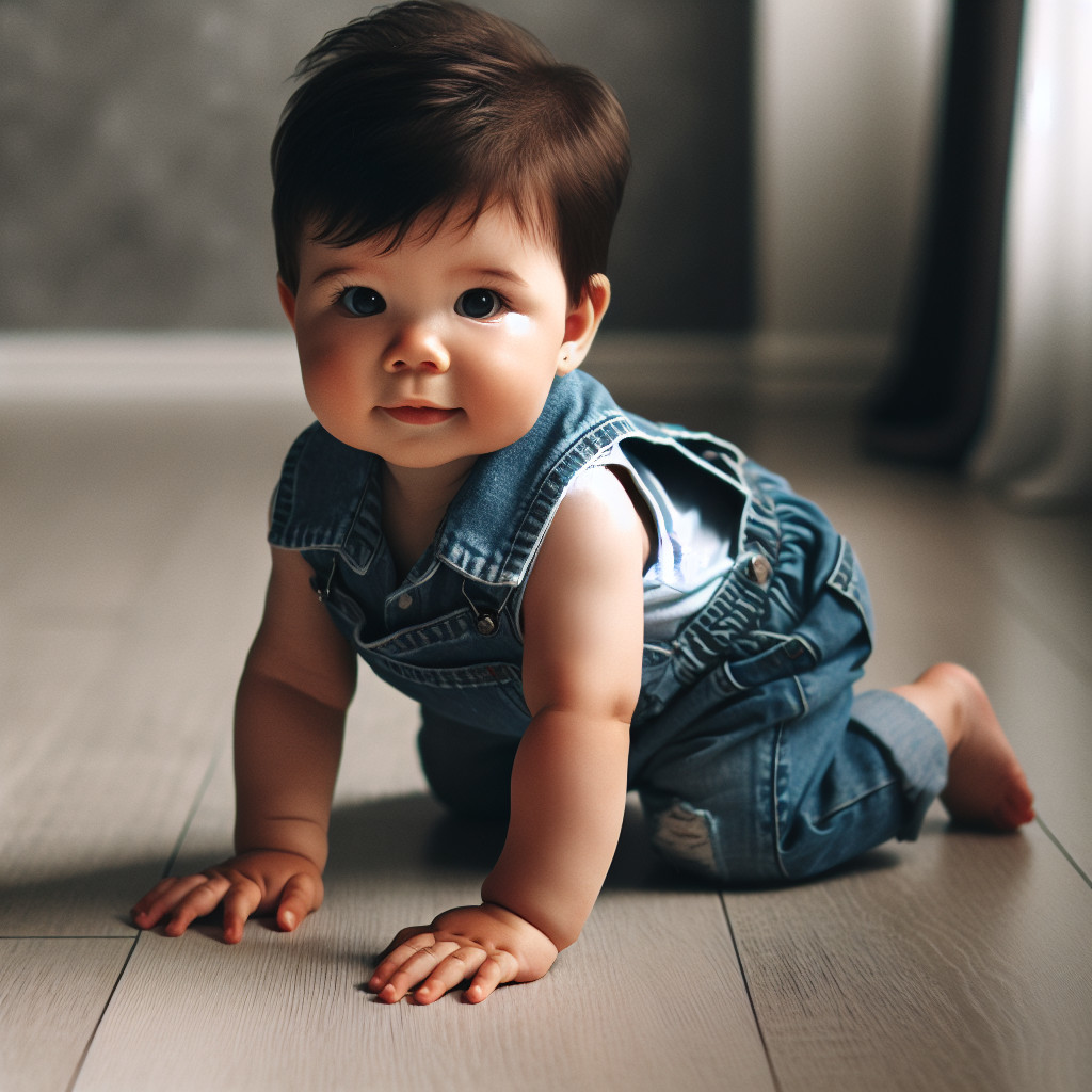 Curious Baby Crawling on Wooden Floor