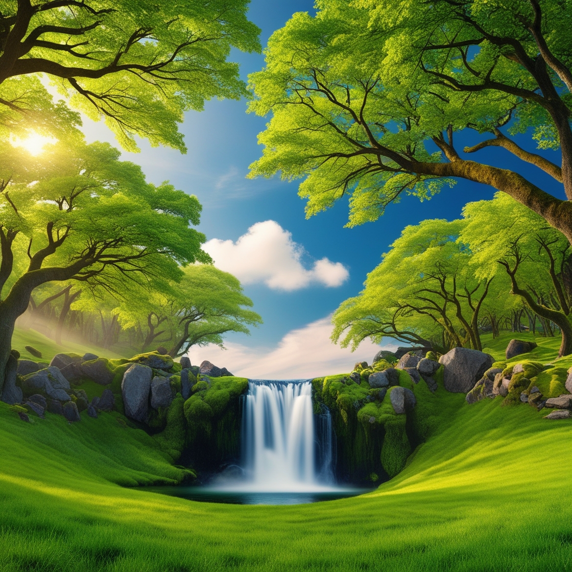 A serene and breathtaking landscape photograph showcasing the epitome of relaxation, where lush green trees with vibrant canopies stretch towards the sky, their leaves rustling gently in the breeze, surrounded by a carpet of emerald green grass that's soft to the touch, with a majestic waterfall cascading down a moss-covered rocky slope, creating a soothing mist that rises into the air, accompanied by a few wispy clouds drifting lazily across a brilliant blue sky, with the warm sunlight casting dappled shadows on the forest floor, and a hint of misty fog rolling in at the base of the trees, evoking a sense of tranquility and peacefulness, inviting the viewer to step into this idyllic scene and let their worries fade away.