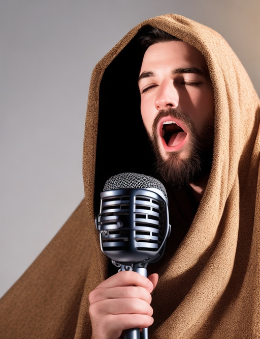 A man covered in a blanket is singing into a microphone