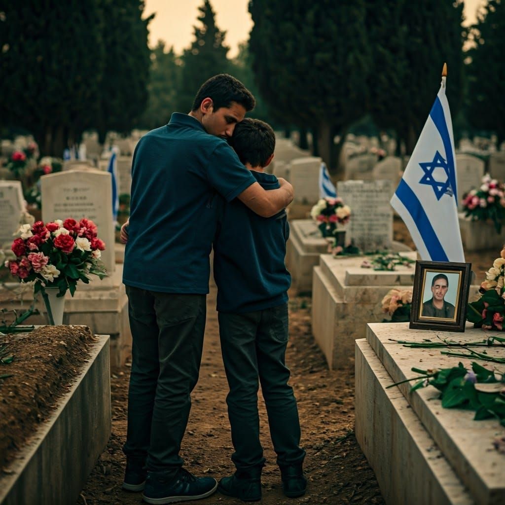 A 23-year-old older brother hugs his 8-year-old younger brother as they stand by their father's grave, in a Jewish cemet...