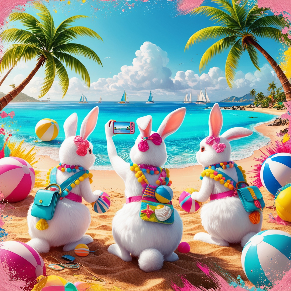 Vibrant digital illustration of three white rabbits with pink ears, adorned with colorful beach accessories, capturing a selfie with a retro-style cell phone on a sun-kissed sandy beach, surrounded by swaying palm trees and radiant beach balls, as they gaze out at a breathtaking ocean view with crystal-clear turquoise waters and sailboats drifting in the distance, infused with a sense of carefree joy and whimsy, with bold brushstrokes and textured elements, exploding with a kaleidoscope of colors, including pastel pinks, baby blues, and sunshine yellows, evoking a sense of playful nostalgia and summertime magic.