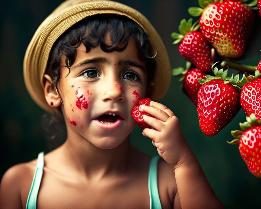 Child with Strawberry Juice on Face and Fingers Gazing at Hanging Strawberry