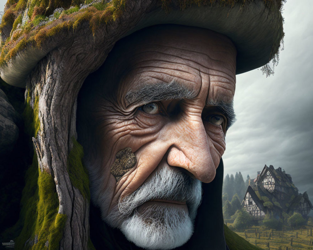 Elderly man's face merged with tree elements and landscape in mystical art.