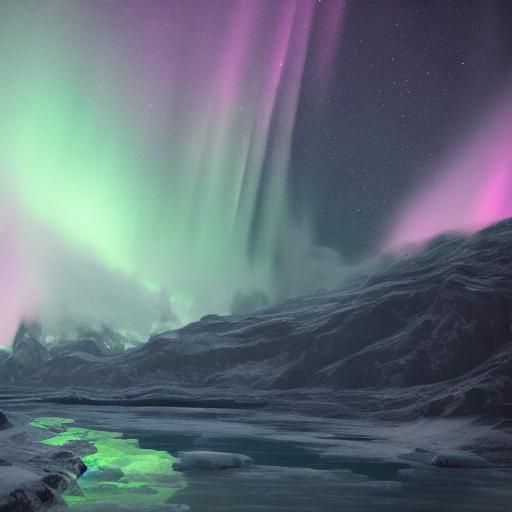 A young man with a rainbow jacket and headphones stands on the edge of a frozen lake. In the sky there are the northern lights and everythin...