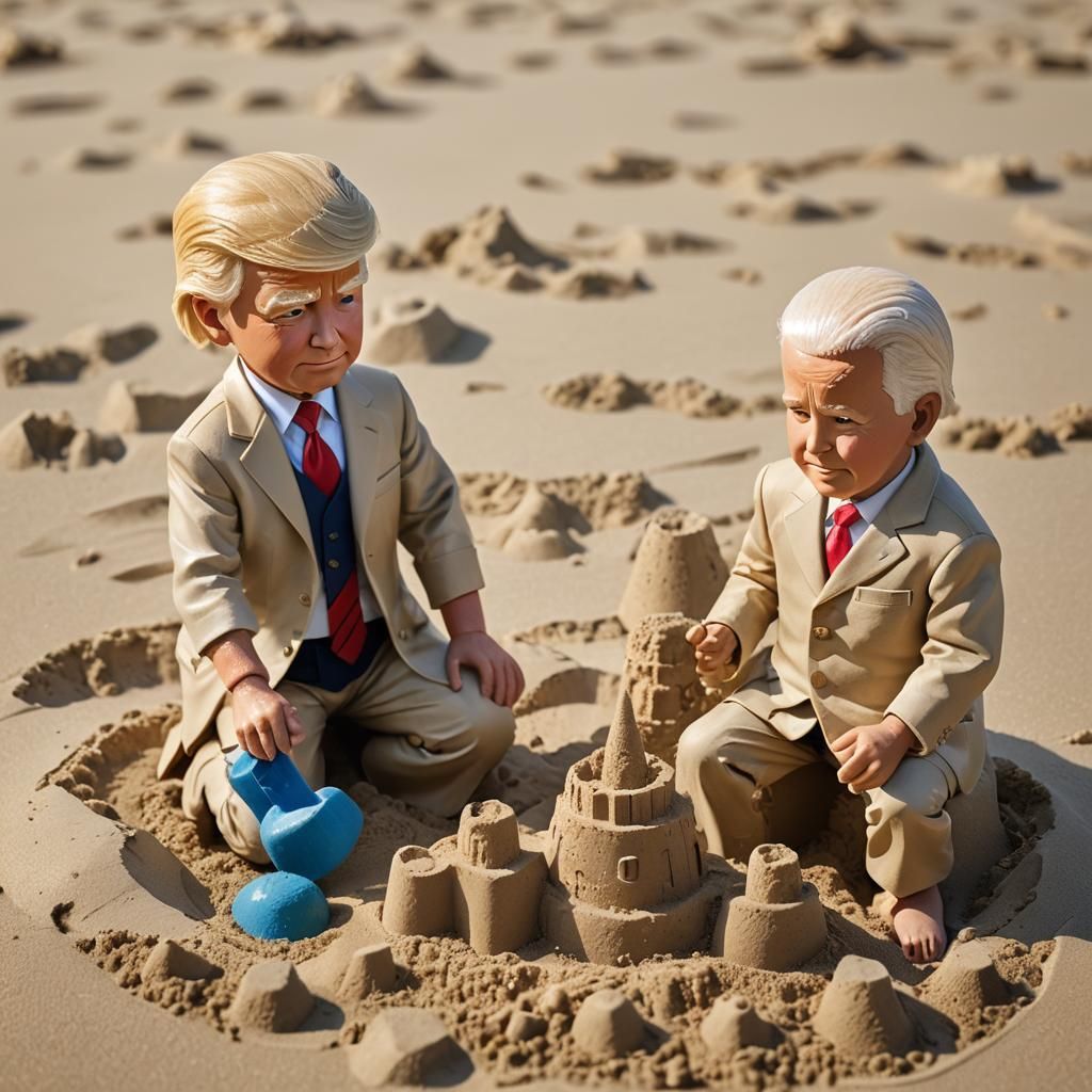 Draw me Donald Trump as a child together with Joe Biden building a castle in the sand