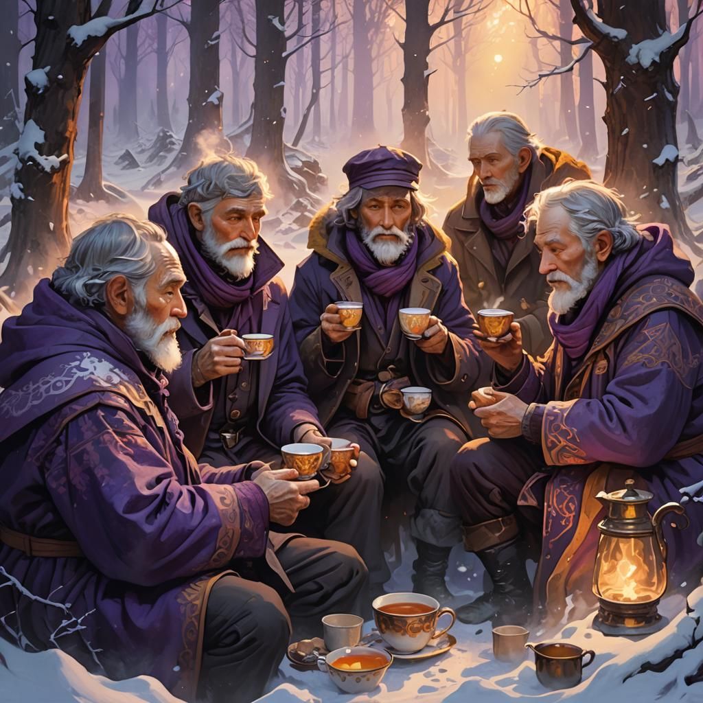 Draw me a picture of a group of old men drinking hot tea in the cold and snow