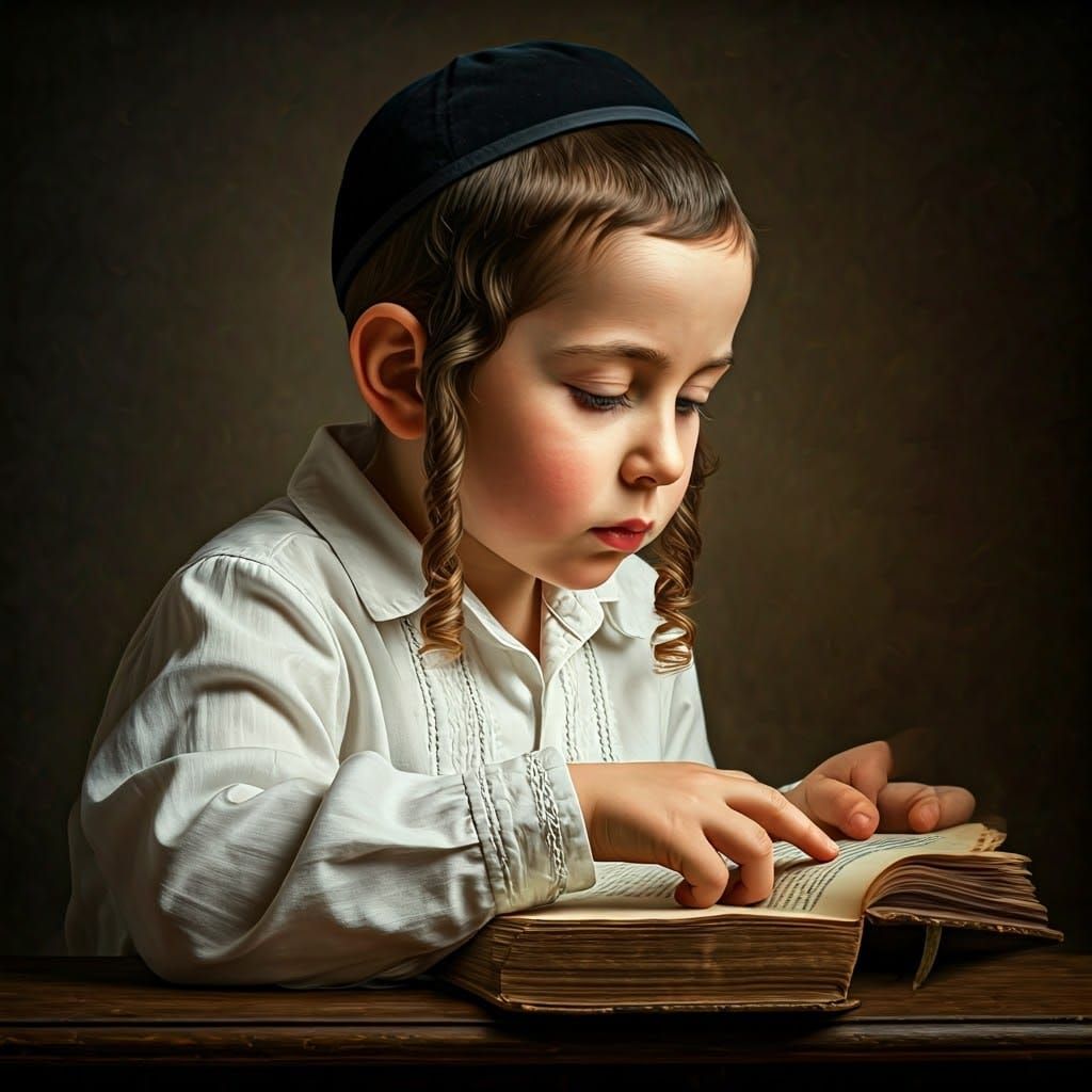 A sweet Hasidic Jewish child with sideburns and a black cap on his head sits in side profile holding a book in one hand ...