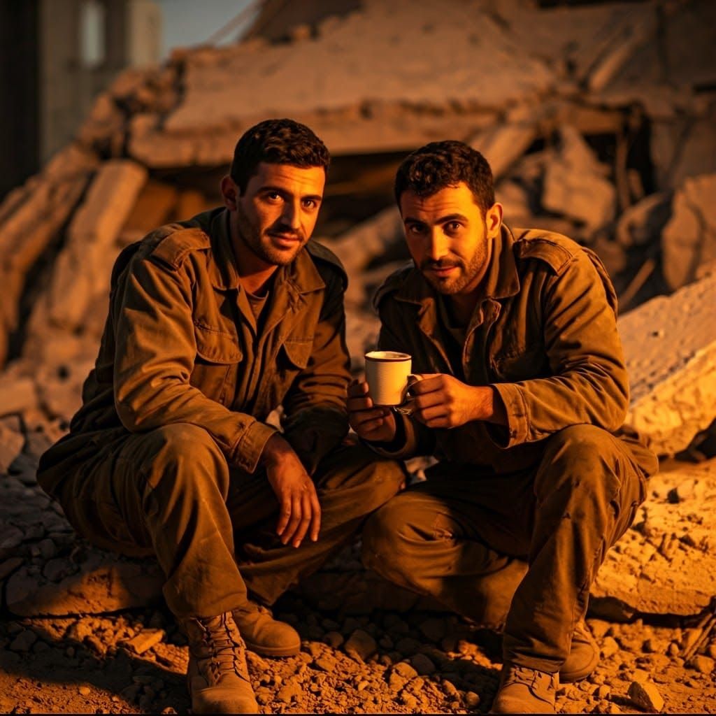 Two soldiers sit and drink coffee by a small fire in devastated Gaza. They are very happy, and warm themselves by the light of the fire. All...