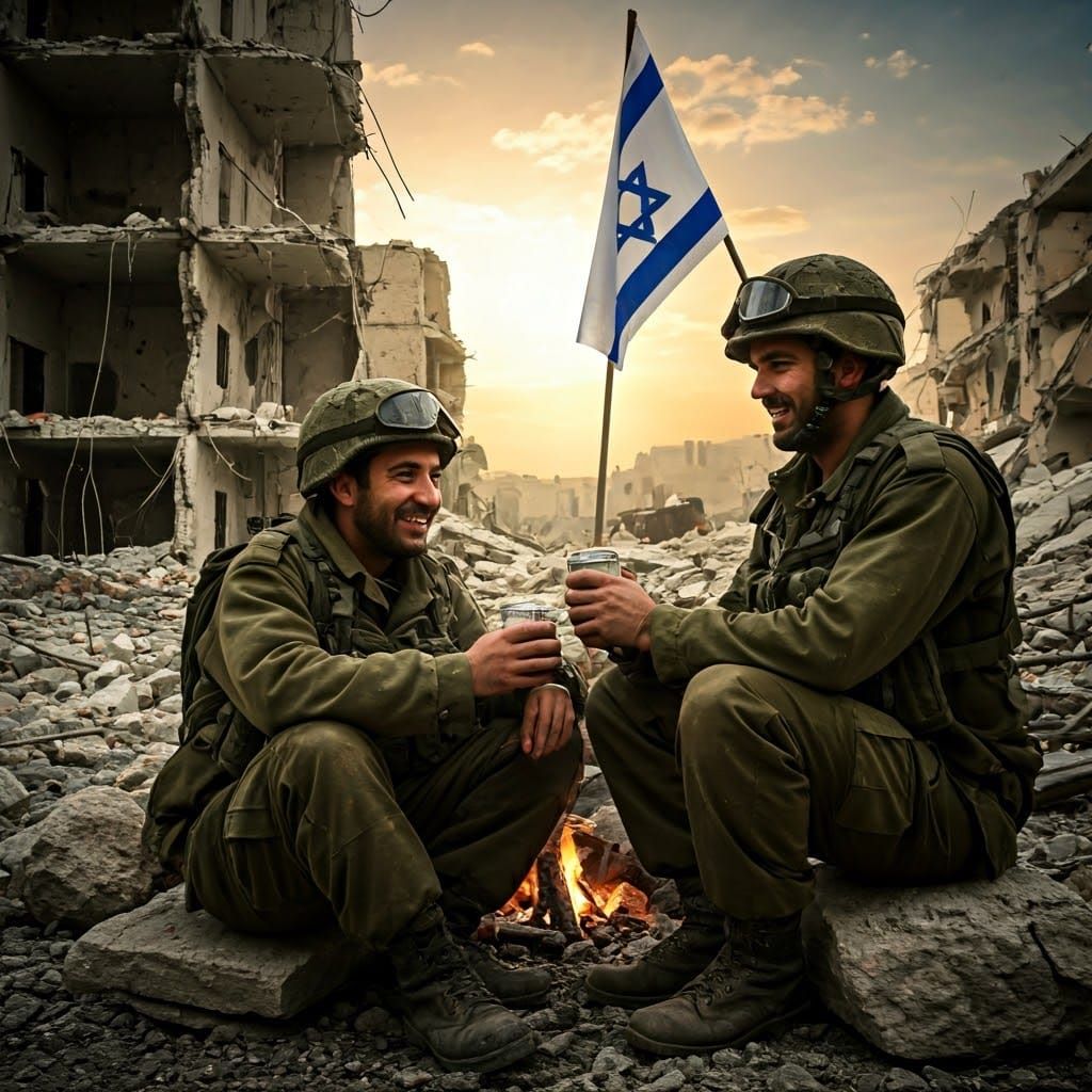 Two soldiers sit and drink coffee by a small fire in devastated Gaza. They are very happy, and warm themselves by the li...