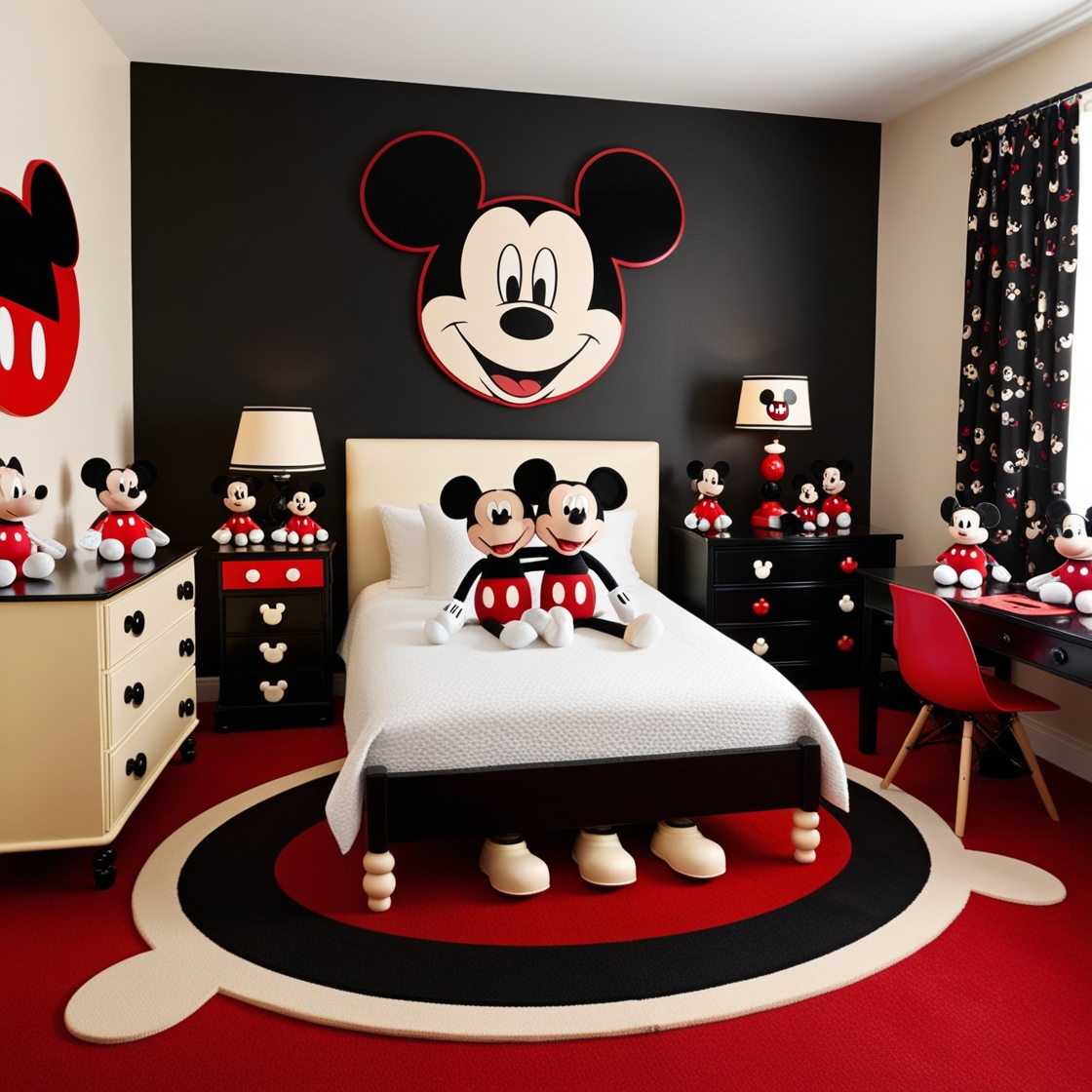 A room full of Mickey MouseThe central wall is black with a large Mickey Mouse on it in red, cream and black and a bed in black and at the head of the bed Mickey Mouse in red, black and cream and two Mickey Mouse dolls hugging together in black, red and cream and on the cream colored dresser there is a night lamp in the shape of Mickey Mouse in red, black and cream and a black cabinet And on it are small red and cream colored Mickey Mouses of all kinds and a carpet shaped like Mickey Mouse in the colors red, black and cream and the writing desk in black and on it decorative dolls in the shape of Mickey Mouse with legs in red cream black and the chairs in red and decorative Mickey Mouse dolls scattered in the room in all kinds of colors red black and cream and the curtain in color Black with little red and cream Mickey Mouse dolls on it