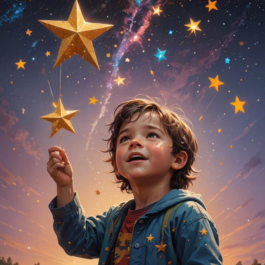 A little boy plucks a star from the sky