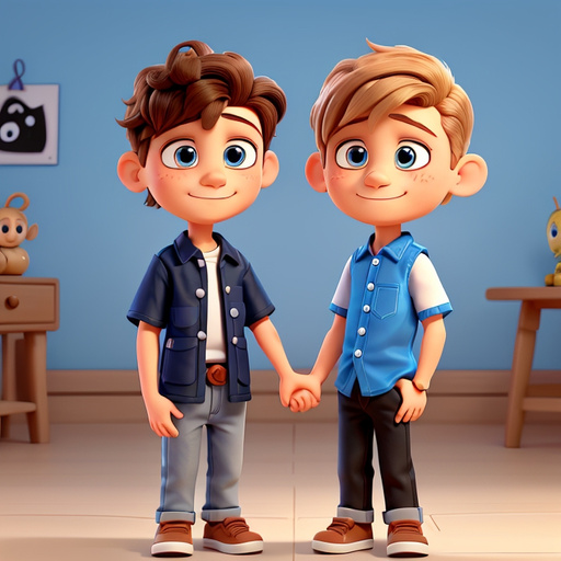 Make me a drawing of two Jewish boys in traditional clothes cute and small in Pixar style standing facing each other with their faces meeting and looking from their right side one with blond hair and one with brown hair with a bang on their head and cropped hair light blue eyes with short sleeves one blue and one In black color with jeans and black sports shoes with white laces as they shake hands with a big smile of forgiveness on their faces when the whole picture when the whole picture is made of crystal. In the background is a colorful and cute park with vegetation all around