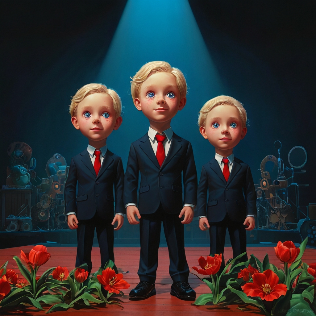 Create for me a picture of three ultra-Orthodox Jewish boys with blond hair with light blue eyes and a big head with a dark blue suit and a set of pants like the suit and a white shirt and a red tie and a black scarf on their head and black shoes with laces standing on a black stage standing three in a row in the middle singing with a speaker in each hand One has a huge smile on his face and tulip lights around them and on the stage floor are scattered full of red flowers while everything is dark around them except for them which are lit by crazy lamps and two black boxes are standing on the sides of the stage