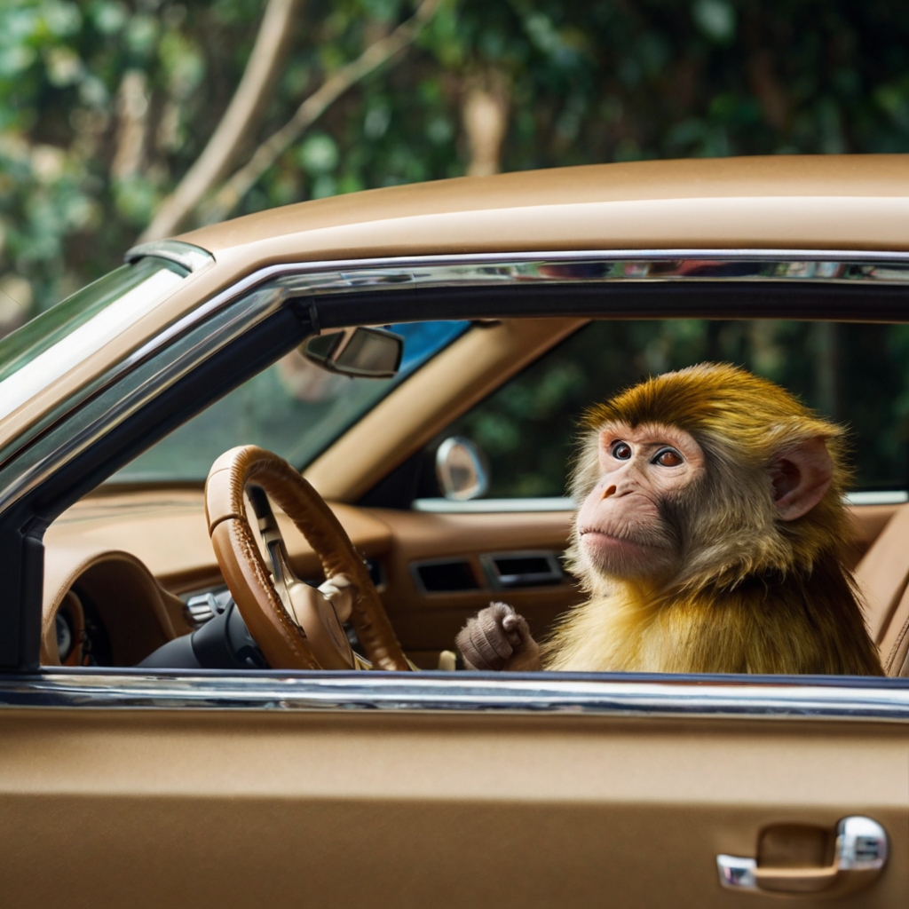 A monkey drives a luxury car