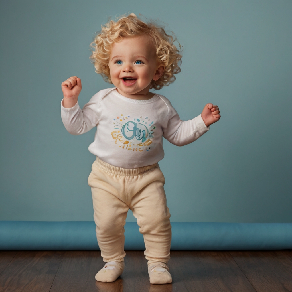 A baby about two years old is standing while he is in the middle of dancing with two hands on his hips and one leg in the air with a cream colored outfit with a smile on his face curly blond hair and light blue eyes and with cream colored socks when he looks like he wants to spin around himself and looks like he is dancing