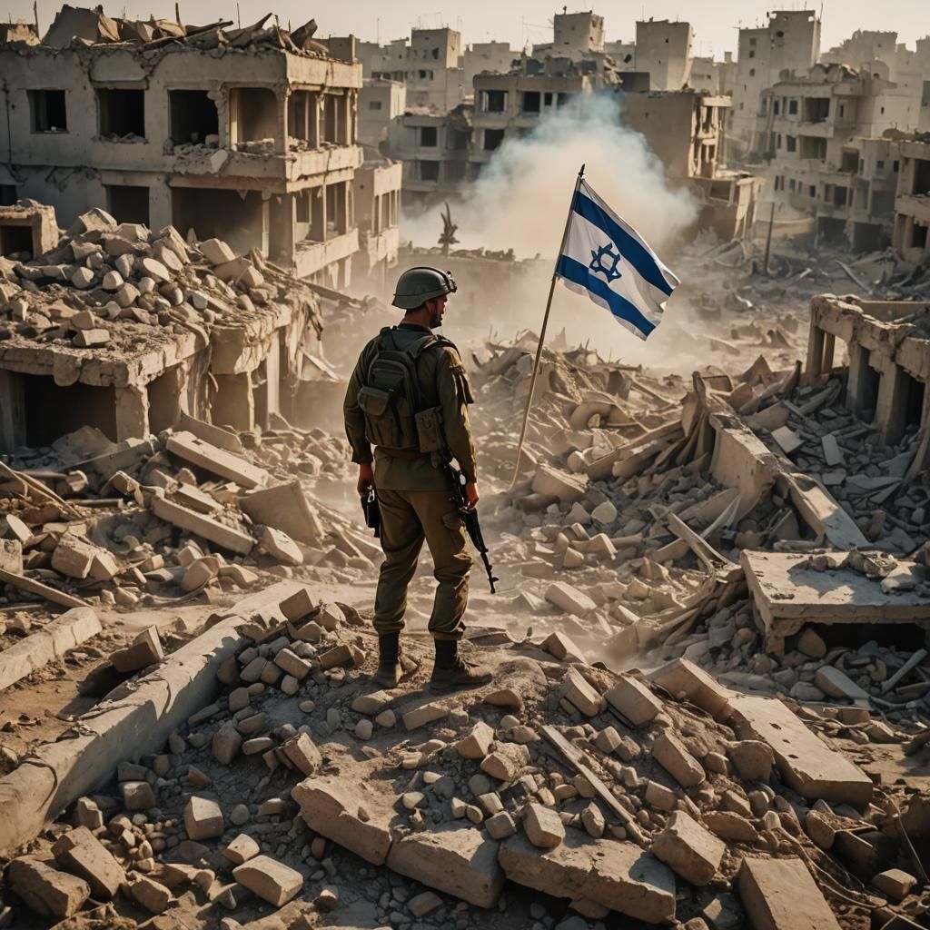 A brave Israeli soldier stands on a pile of ruins in the heart of Gaza, the destruction of the Israeli flag. Everything around is destroyed...