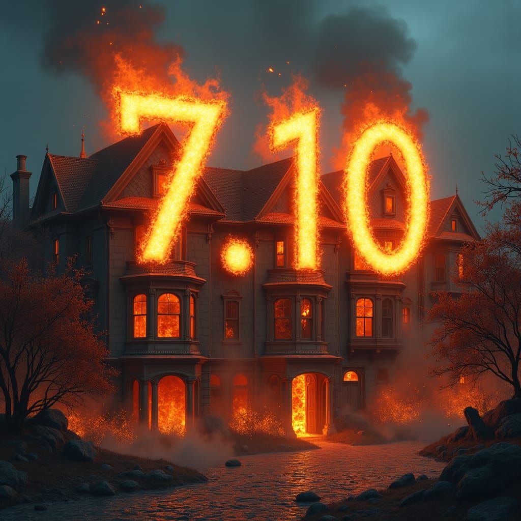 Create for me a picture of the numbers 7.10 written on top of whole houses that are on fire