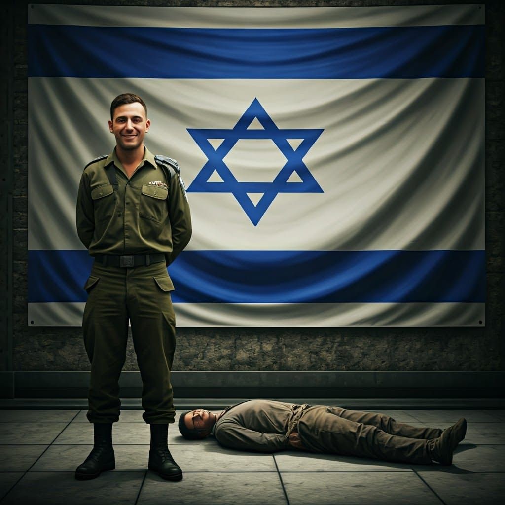 An Israeli soldier in an IDF uniform smilingly guards a prisoner tied with ropes and lying on the floor. Behind is a large Israeli flag.