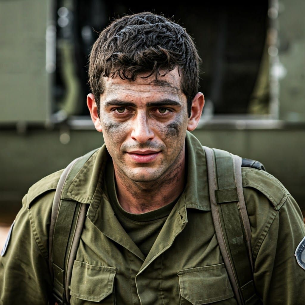 An Israeli combat soldier descends from a helicopter at the end of a dangerous and complicated operation. His uniform is...